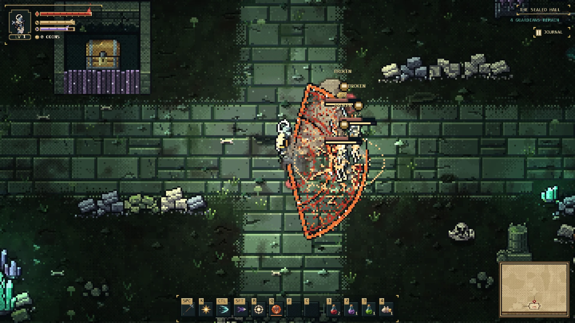 In a mossy stone hall, the spirit of the Kiln Gaoler slams down over the hero with an orange arc, breaking the shields of a group of skeletons.