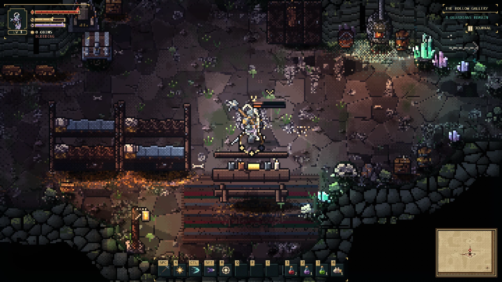 A hero swinging a weapon at a skeleton beside bunk beds in the Hollow Gallery, a stony cave room with green crystals, with the health, stamina and shadow bars at the top left and the ability bar at the bottom.